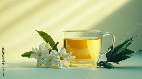 Steaming cup of green tea surrounded by fresh flowers in soft sunlight