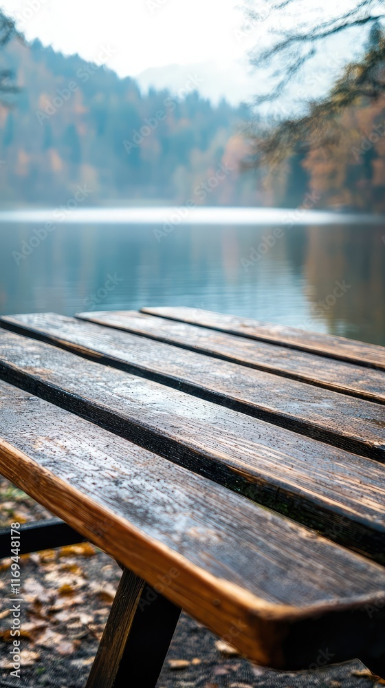 Fototapeta premium Tranquil Lake View with Rustic Wooden Table in Serene Landscape