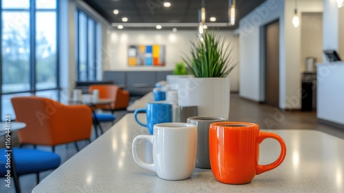 Wallpaper Mural A stylish break space with coffee mugs, comfortable seating, and bright lighting for a professional atmosphere. Torontodigital.ca