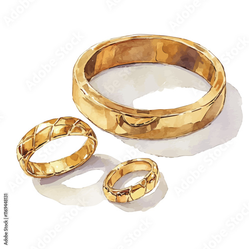 A watercolor vector painting of an elegant classic gold bracelet and ring set, isolated on a white background. Classic gold bracelet and ring vector.

