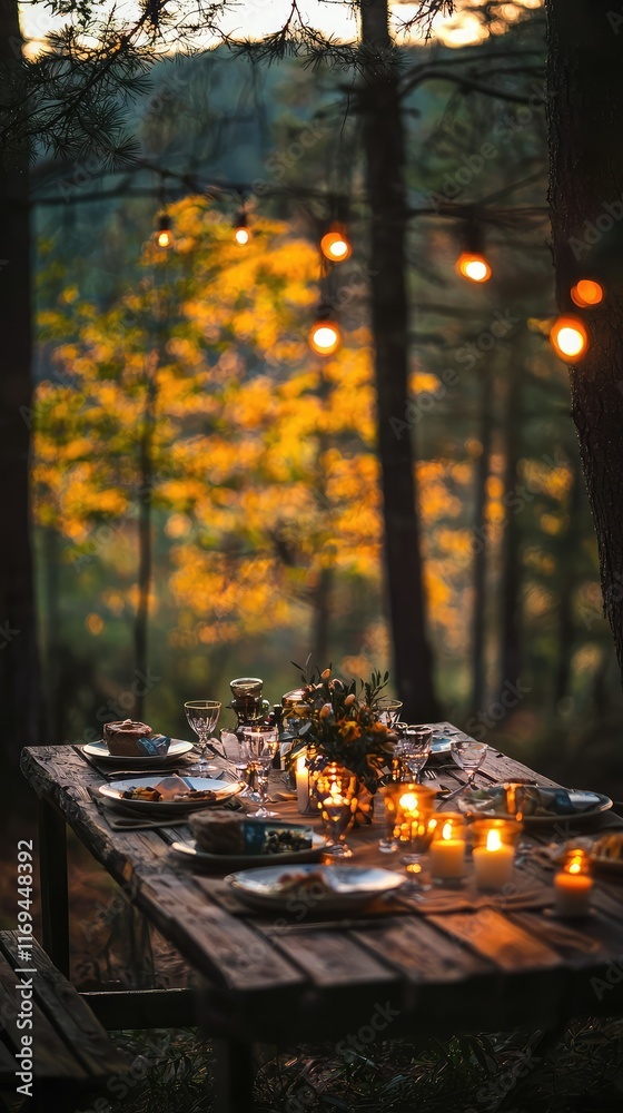 Cozy Outdoor Dinner Setup with Candles and Fresh Flowers at Sunset Cozy Outdoor Dinner Setup with Candles and Fresh Flowers at Sunset