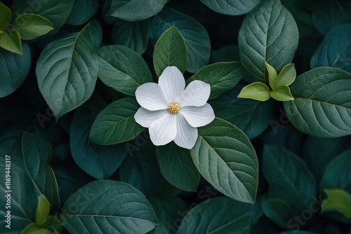 Bright white flower surrounded by dark green leaves creates a stunning natura...