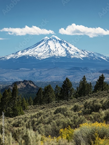 Majestic snow capped mountain viewed from a distant hillside