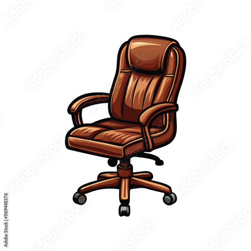 A realistic brown leather office chair with adjustable arms. The chair has a swivel base and wheels.