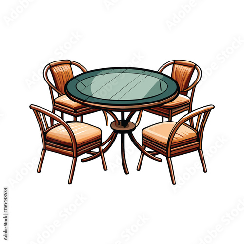 Generate a realistic image of a wooden patio table set with four chairs. The chairs have tan cushions and the round table has a glass top.
