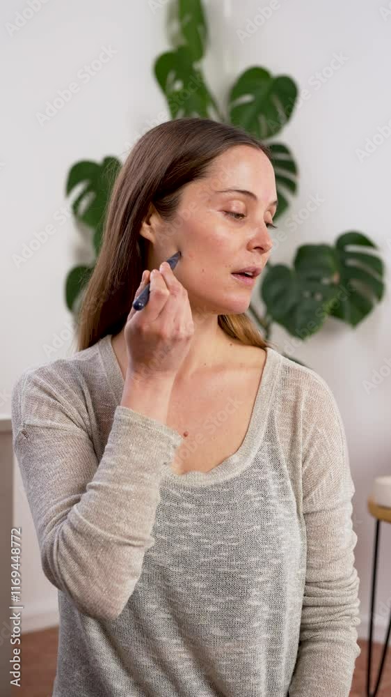 beautiful caucasian woman using acupressure tool in her forehead, facial yoga and anti aging beautiful caucasian woman using acupressure tool in her forehead, facial yoga and anti aging
