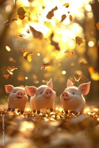 Three playful pigs enjoying a sunny autumn day in a forest with falling leaves