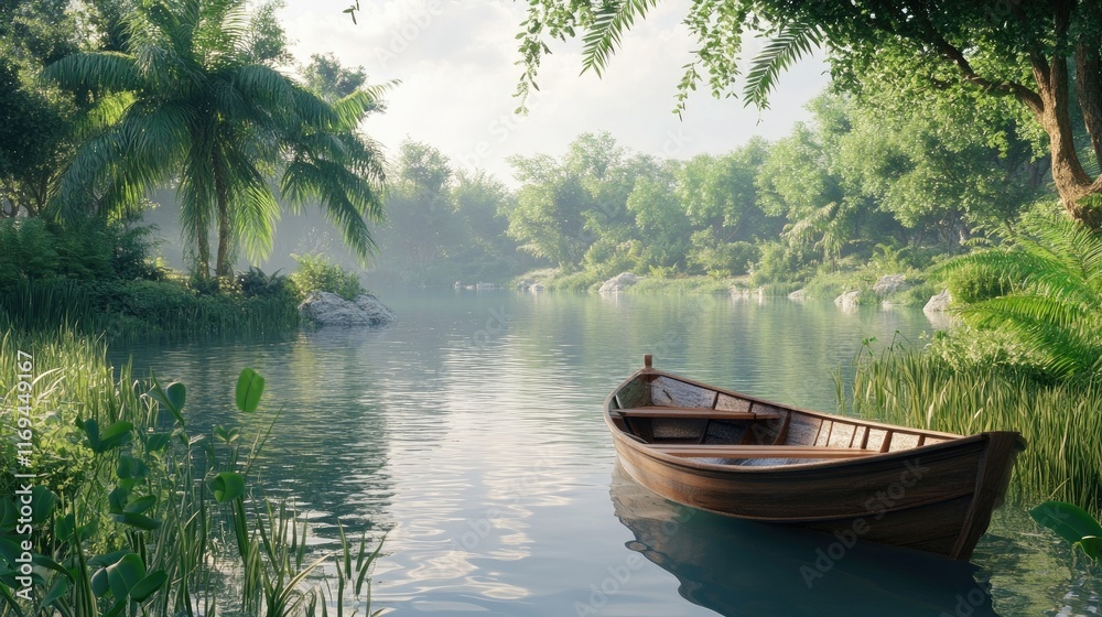 A tranquil riverside scene with a charming boat moored by the bank, surrounded by lush greenery and gentle ripples on the water A tranquil riverside scene with a charming boat moored by the bank, surrounded by lush greenery and gentle ripples on the water