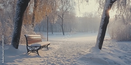 Snowy Park Bench Winter Sun...