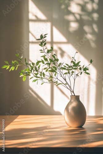 Elegant branch arrangement in a vase catching soft sunlight through a window