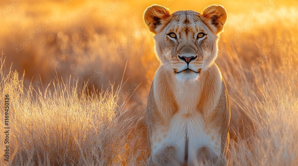 Fototapeta premium Majestic lioness at sunset in tall grass.
