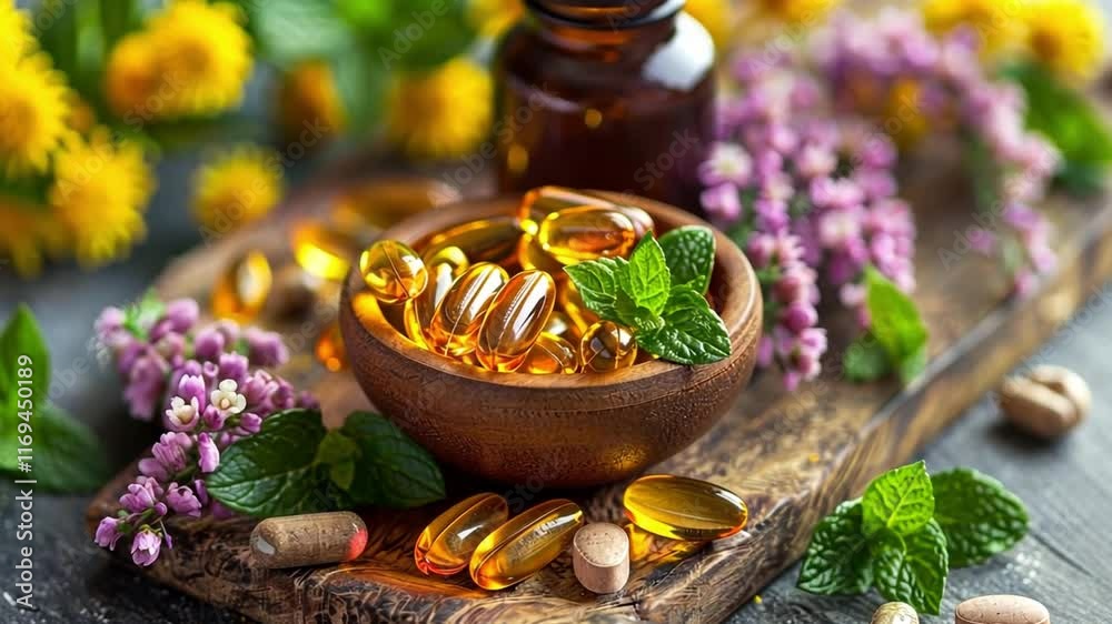 Natural supplements are artistically arranged on a wooden surface surrounded by colorful flowers and herbs, showcasing their vibrant qualities and health benefits.