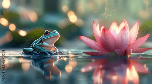 Frog resting beside blooming lotus flower in tranquil pond during sunrise