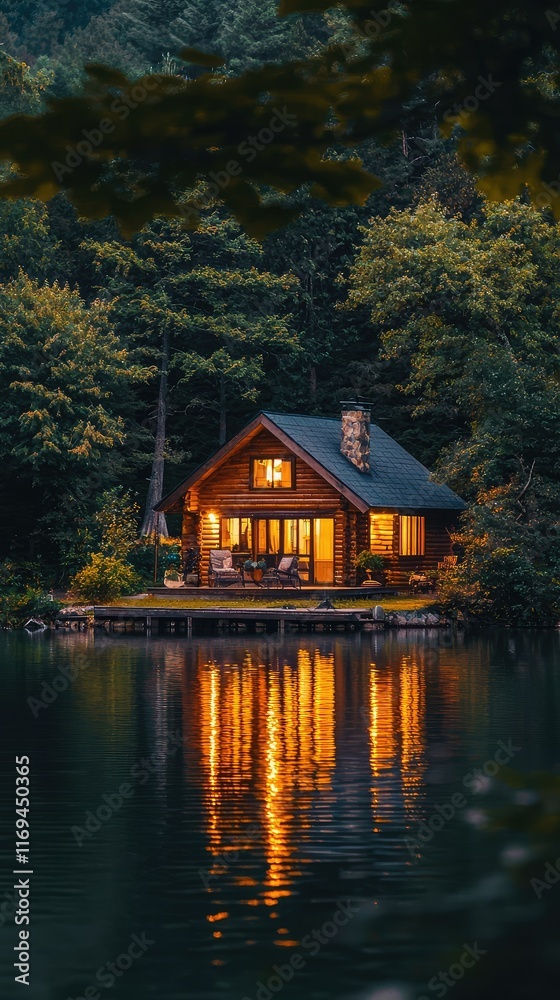 Cozy Cabin by Tranquil Lake Surrounded by Lush Forest at Dusk Cozy Cabin by Tranquil Lake Surrounded by Lush Forest at Dusk
