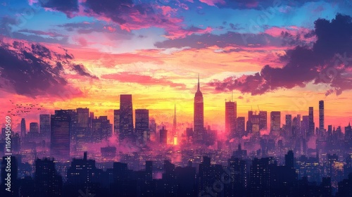 A vibrant city skyline at sunset, with silhouettes of skyscrapers against a colorful sky, capturing urban lifea??s beauty. 8k, realistic, full ultra HD, high resolution, and cinematic photography photo