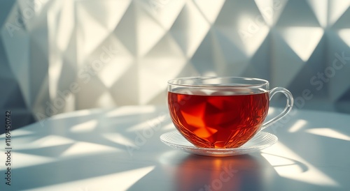Warm cup of tea resting on a table with soft light and shadows from sheer cur...