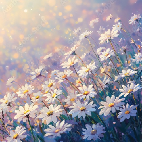 Beautiful daisy field under a soft pastel sky during early morning light in s...