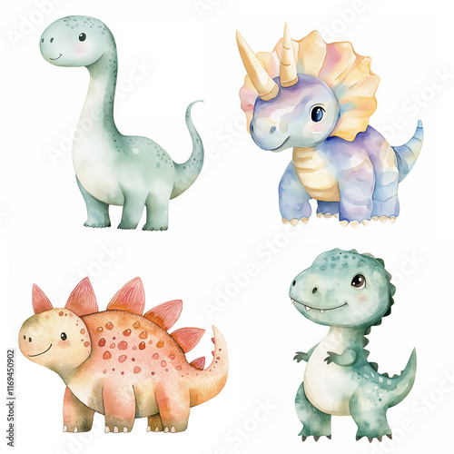 Adorable watercolor illustration of triceratops, pterodactyl, diplodocus, and stegosaurus. Ai generated image