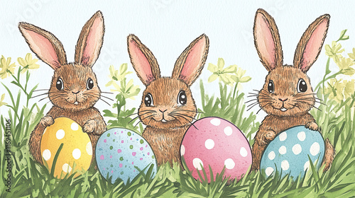 Cute Easter Bunnies with Colorful Eggs in a Spring Meadow