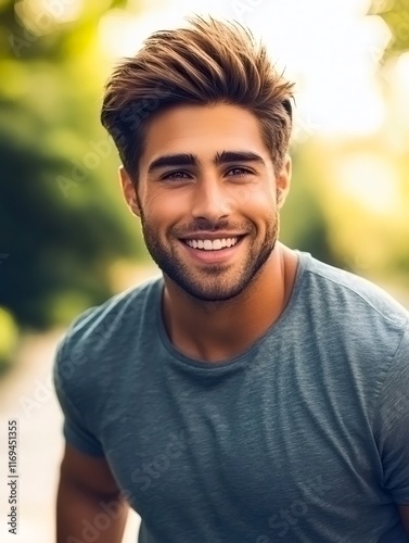 Cheerful young man smiling warmly, wearing casual shirt, standing in sunlit park with confident, vibrant energy