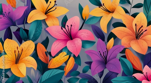 Colorful lilies and leaves create a vibrant floral display in a lush digital ...