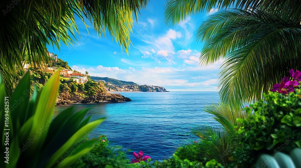 Fototapeta premium Coastal towns in tropical settings, palm trees framing a serene shoreline, vivid and clear lighting.