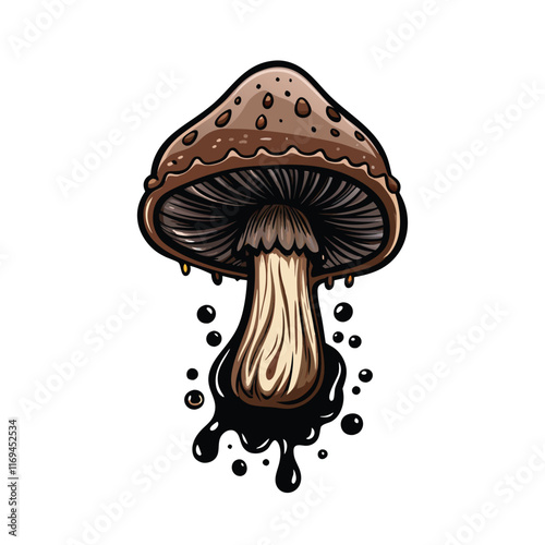 Create a realistic vector illustration of a shaggy ink cap mushroom with a brown cap and black gills, dripping black ink.