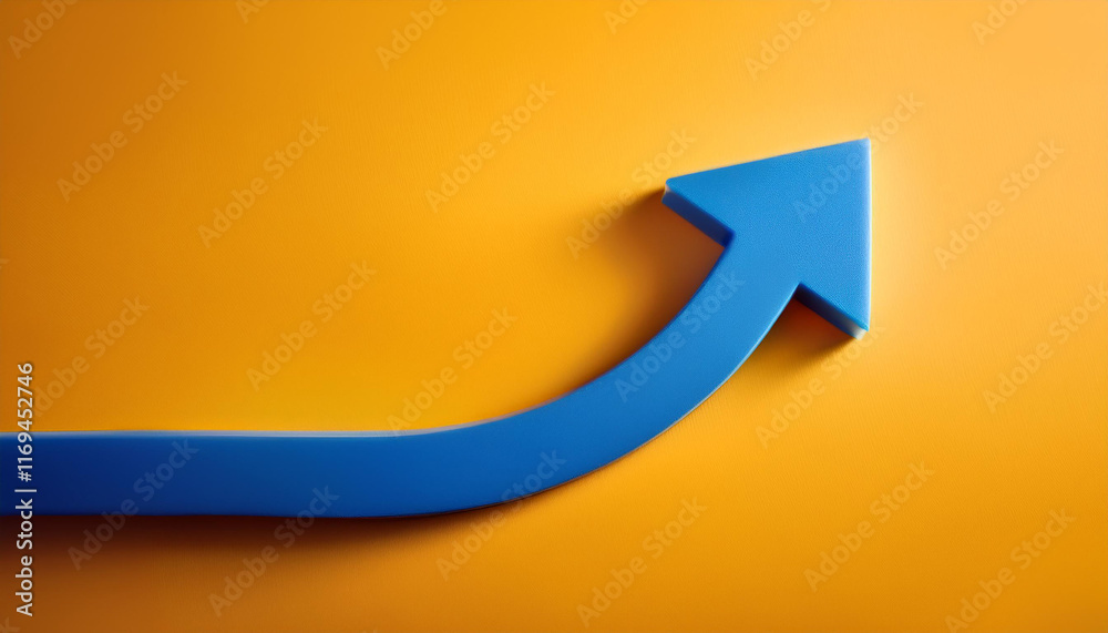 Blue wooden arrow pointing upwards on yellow background. Business and market growth. Blue wooden arrow pointing upwards on yellow background. Business and market growth.