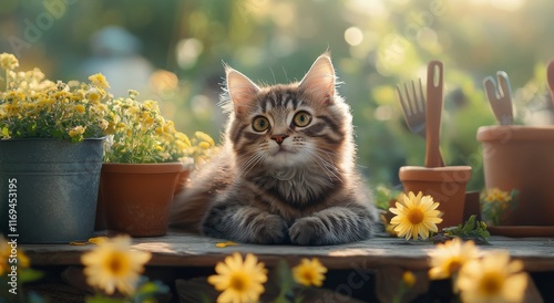 Cat lounging among vibrant flowers and garden tools in a sunny outdoor setting