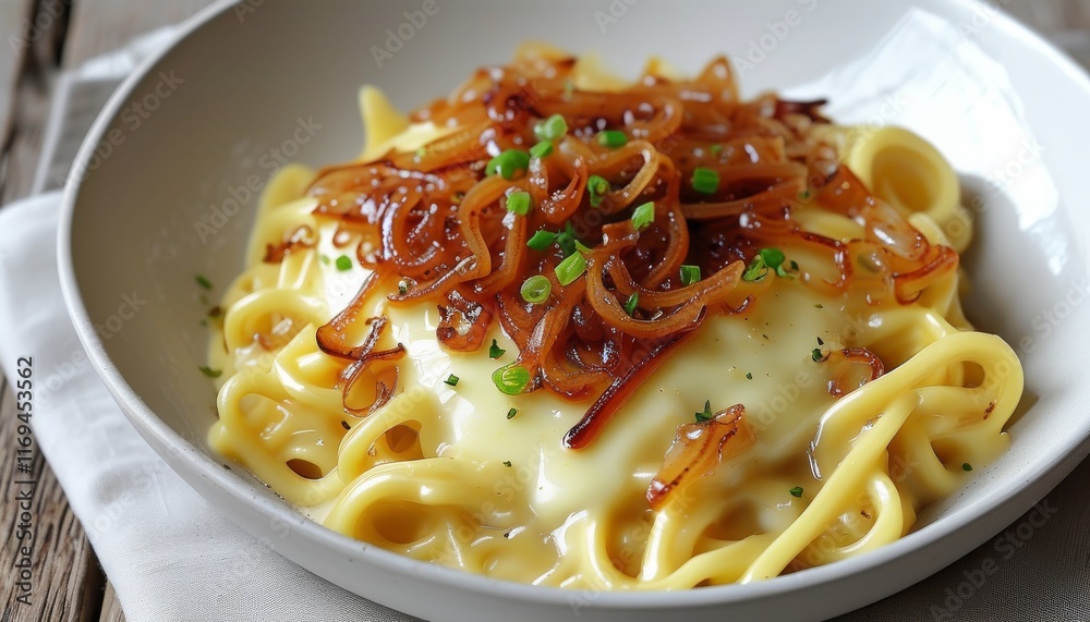 Creamy Cheesy Egg Noodles Topped with Golden Onions in a White Bowl Creamy Cheesy Egg Noodles Topped with Golden Onions in a White Bowl