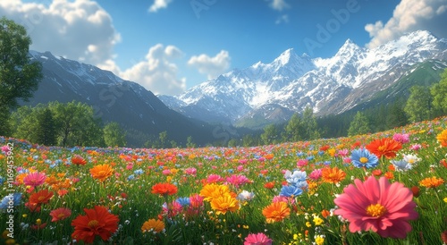 Vibrant wildflower meadow with majestic mountains in bright daylight