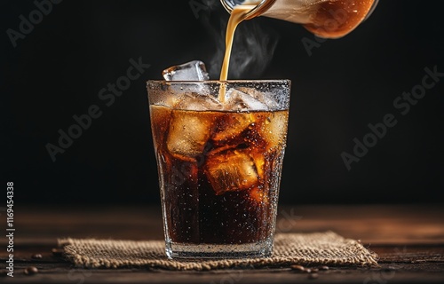 Refreshing iced beverage served in a glass with ice cubes and coffee beans on...