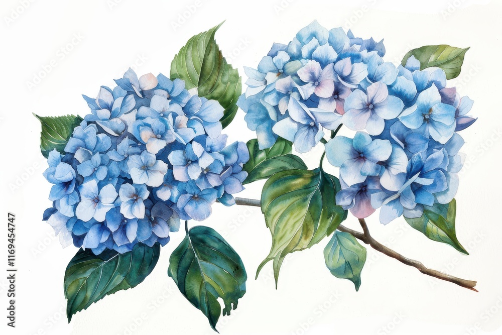 Watercolor painting of vibrant purple hydrangeas with delicate petals and lush green leaves on a light background Watercolor painting of vibrant purple hydrangeas with delicate petals and lush green leaves on a light background