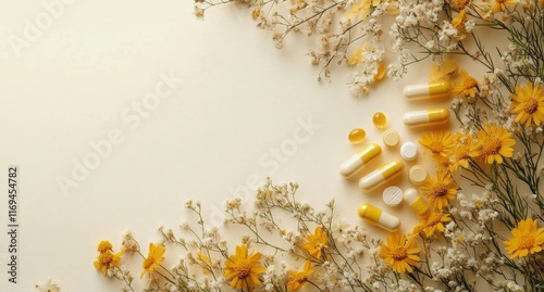 Natural health composition with yellow capsules and flowers on a soft background
