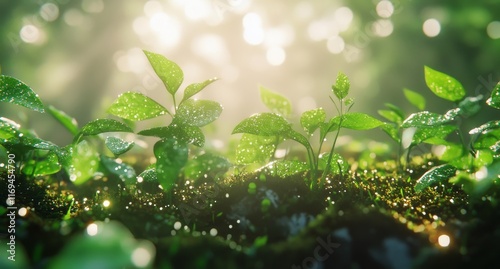 Lush green leaves glistening with dew in soft morning light at a tranquil garden