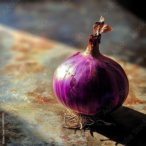 Purple onion resting on a surface with soft natural light highlighting its te...