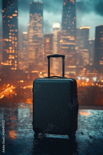 Suitcase silhouette against a vibrant city skyline at sunset reflecting on water