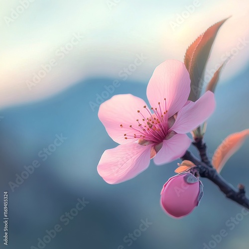 Cherry blossom branch with delicate pink flowers and closed buds against a so...