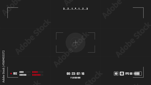 Video recording screen. Camera horizontal viewfinder template on black background. 4K setting resolution video rec frame. Vector illustration.