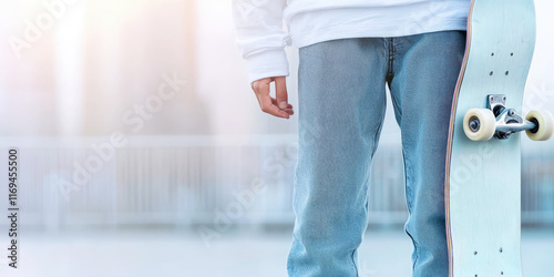 A teenager in modern baggy jeans with skateboard against an urban streetscape background. Close-up of legs, outfit