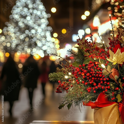 Festive holiday market showcasing vibrant poinsettias illuminated by twinklin...