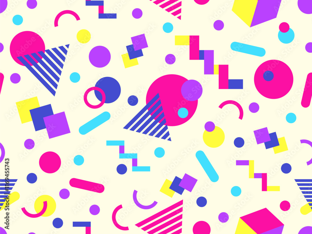 Geometric seamless pattern with memphis elements in 80s style. Colorful geometric pattern. Design of promotional products, wrapping paper and printing. Vector illustration Geometric seamless pattern with memphis elements in 80s style. Colorful geometric pattern. Design of promotional products, wrapping paper and printing. Vector illustration