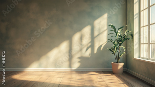 Render 3D de uma bela sala iluminada pelo sol com janela lateral, paredes clara  e um piso de madeira com um vaso de planta, cenário perfeito para a colocação de elementos publicitários photo