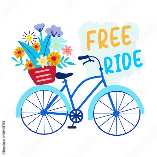 A flat sticker of a bicycle carrying flowers basket with text "free ride�