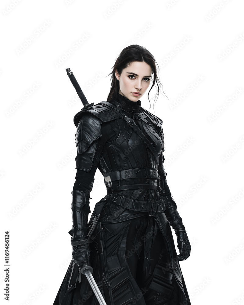 fierce female warrior dressed in black armor, holding sword, stands confidently against transparency background, exuding strength and determination fierce female warrior dressed in black armor, holding sword, stands confidently against transparency background, exuding strength and determination