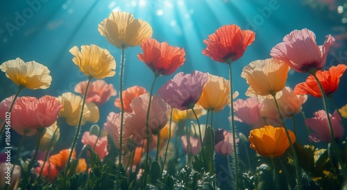 Vibrant poppy flowers basking in golden sunlight under a clear blue sky