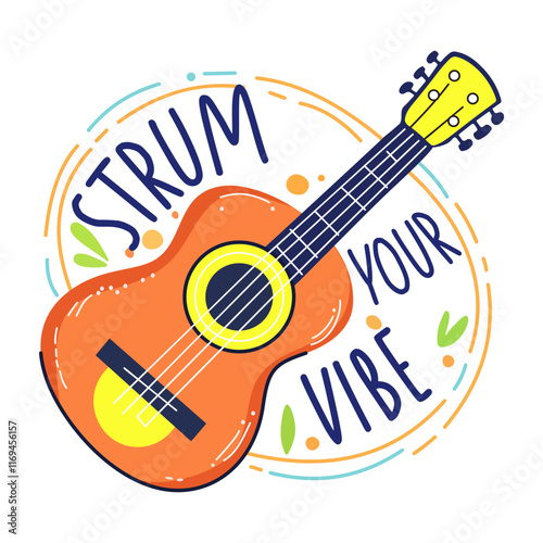 Music guitar with the text "strum your vibe", flat sticker