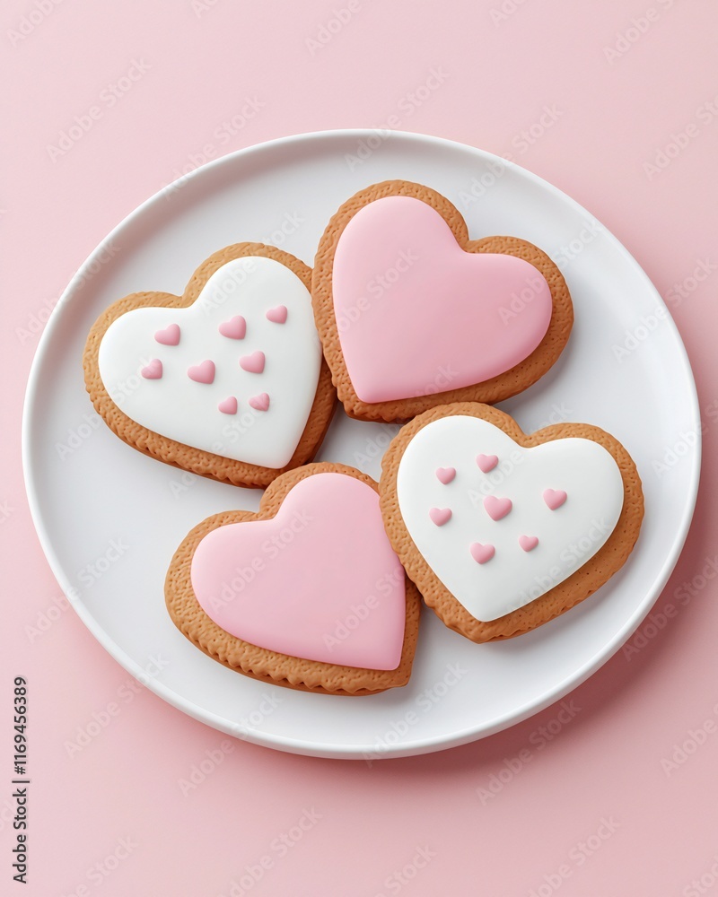 Valentine's Day Delicious Pink White Heart Shaped Cookies on Plate Valentine's Day Delicious Pink White Heart Shaped Cookies on Plate
