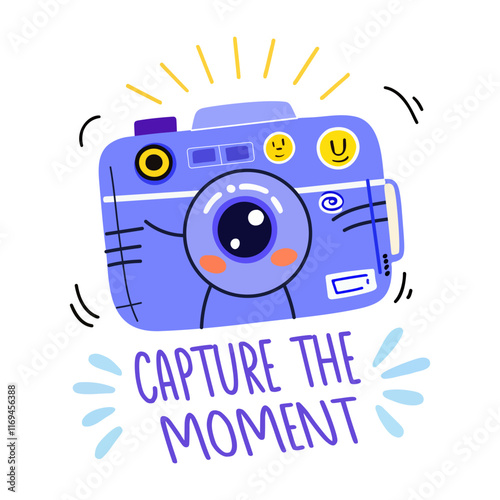 A flat sticker of a camera with �capture the moment� typography