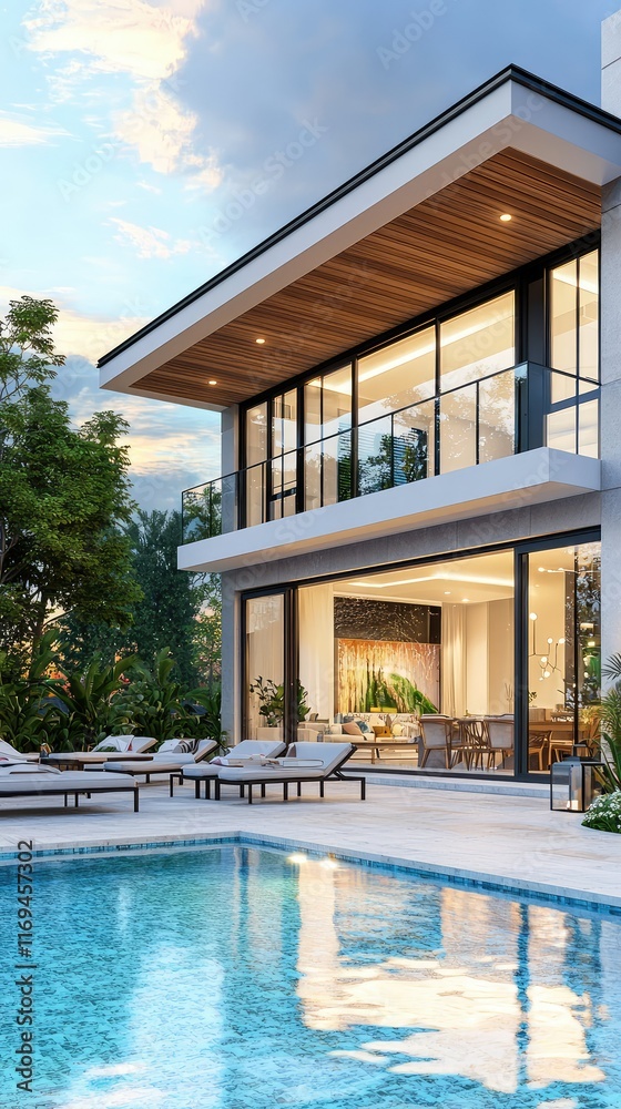 Fototapeta premium Modern Luxury Villa with Swimming Pool and Sunny Outdoor Area